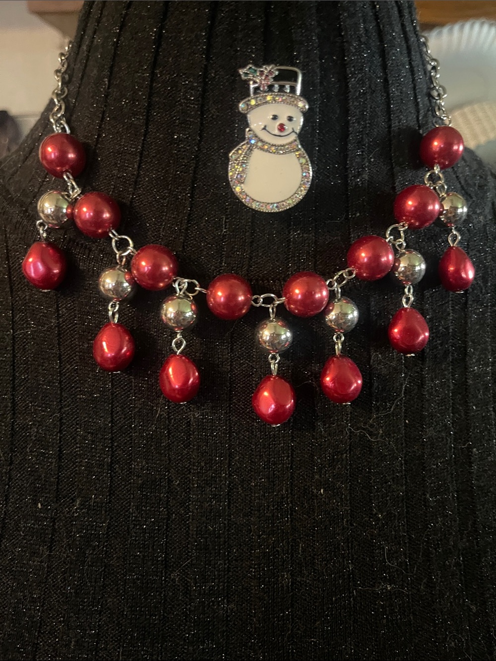 Red Bead Drop Necklace & snowman pin